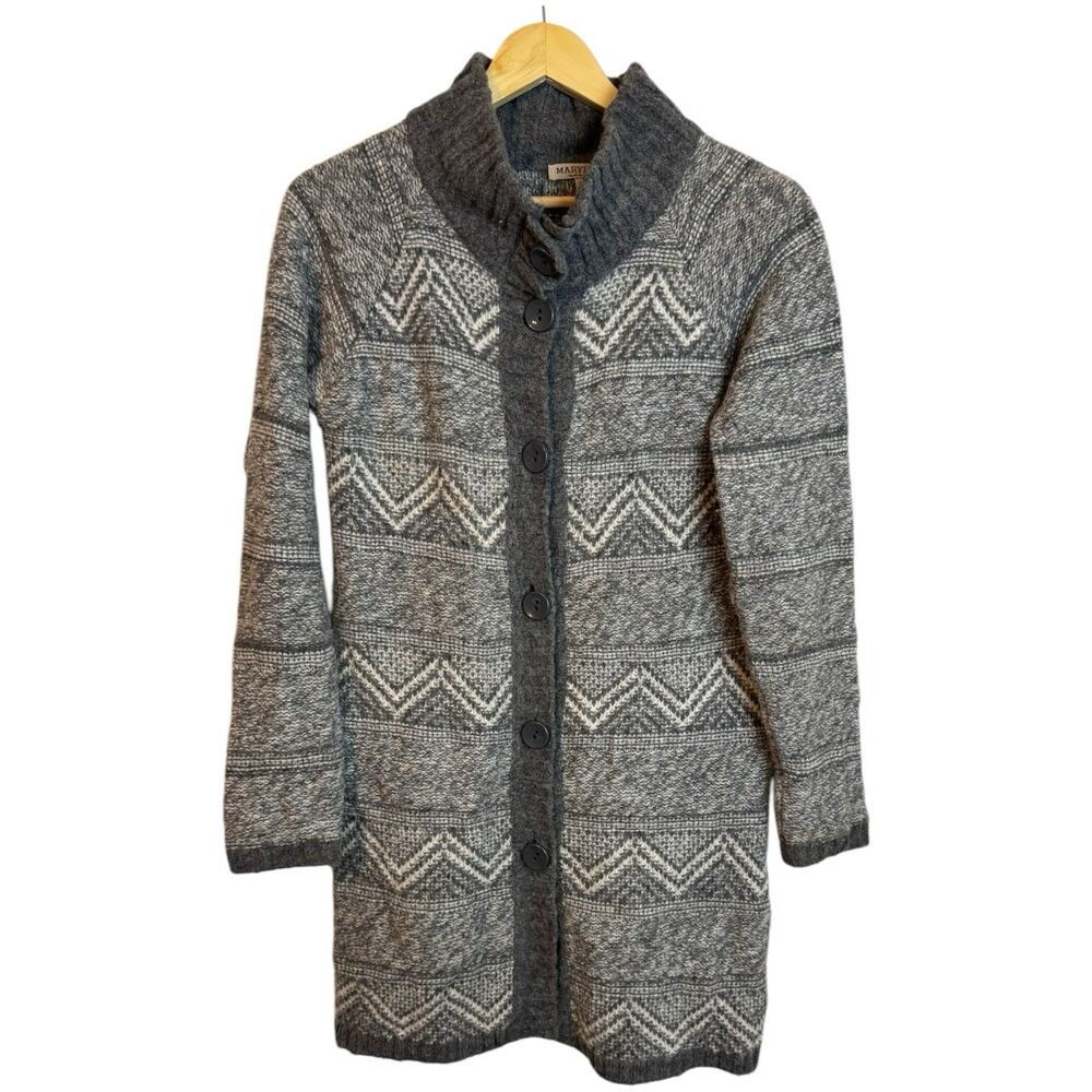 Maryline Italian Wool Blend Gray Fair Isle Longline Button Cardigan Sweater SM